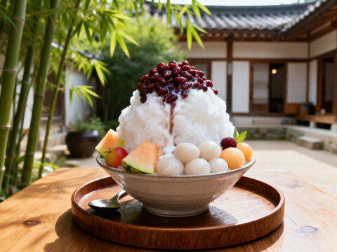 Korean red bean shaved ice served in a traditional hanok setting with bamboo garden wooden tray rice cakes fruit toppings