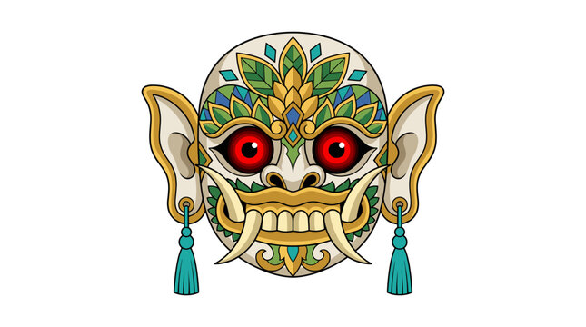 Green Balinese demon mask with large tusks.