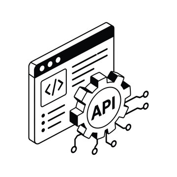 Isometric api development icon showing web browser with code and gear representing software interface.