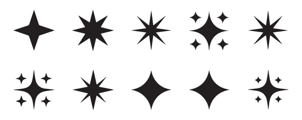 Black sparkle star icons set vector minimalist design elements for celestial graphics and magic arts. © MSTALIMA
