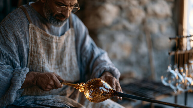 Close up hands of a Czech glass blower shaping a glowing amber gather into an ornament form at the end of an iron blowpipe, December workshop reflecting furnace light across stone