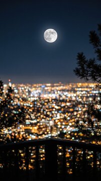 Full Moon Rise Over Blurred City Lights Landscape