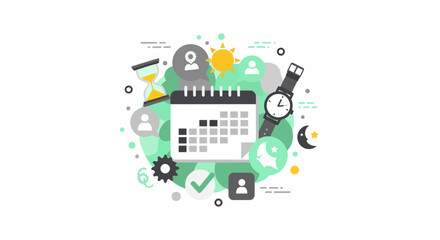 Fototapeta premium Time Management and Planning Vector Illustration with Calendar, Watch, and Hourglass Icons