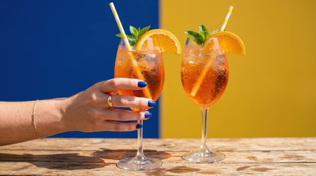 Hand holding a refreshing aperol spritz cocktail in a wine glass with orange slice and mint garnish against a blue and yellow background