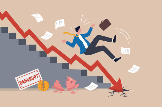 Business risk, mistake or failure, challenge or problem and difficulty, accident causing bankruptcy concept, misfortune businessman fall down stairs economic crisis or career stumble