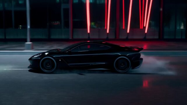 futuristic black sports car drifting on neon city street at night cinematic intro video
