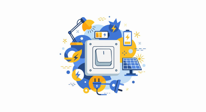 Sustainable Energy and Smart Power Consumption Illustration featuring Solar Panels, Batteries, Light Switch, and Renewable Energy Icons in Clean Flat Vector Style