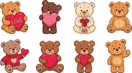 Fototapeta premium Cute Valentine Day Teddy Bear Character Vector Set with Red Hearts and Gifts for Romantic Celebration Greeting Cards and Invitation Designs
