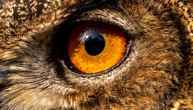 Extreme macro of an owl eye with fiery orange iris and golden feathers with sparkling bokeh