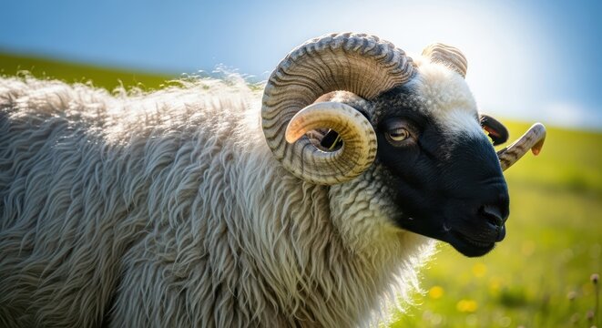 Detailed portrait of a majestic sheep, highlighting the characteristic black markings, thick wool, and impressive curled horns in a sunny field, curled, majestic, coat