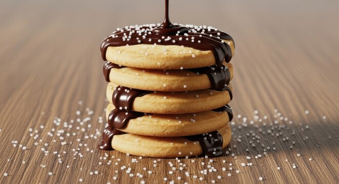 Golden brown shortbread biscuits stacked neatly on a rustic wooden surface with a drizzle of dark chocolate and sprinkles of fine sugar, chocolate, homemade, meal
