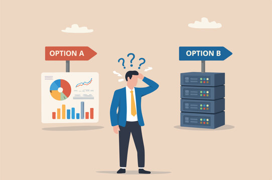 Indecisive manager cannot make decision in choosing choices alternative frustrated to decide, worried about which way to choose concept, indecisive Big analysis businessman deciding way to go