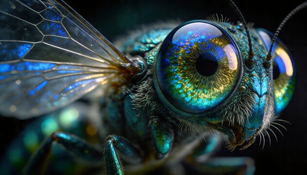 Fantasy blue fly with iridescent compound eyes and transparent wings in dark background