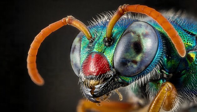Extreme macro of a metallic green wasp head with large black eyes and orange antennae