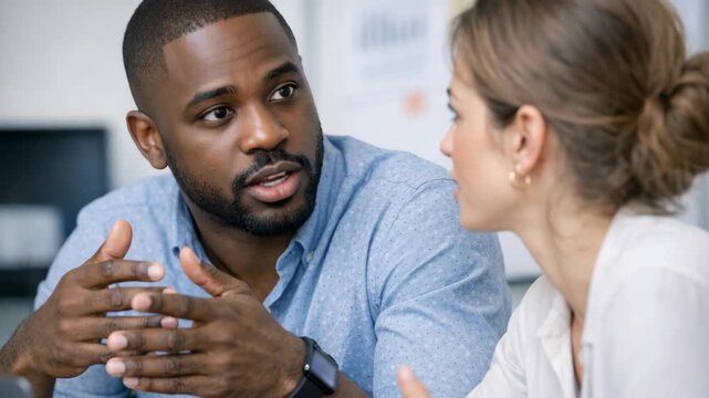 A man and woman talking over a business matter.