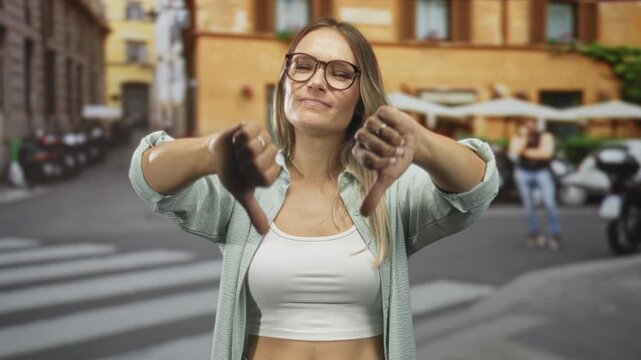 Woman giving double thumbs down with bare thumbs visible, wearing glasses and crop top on a street crosswalk in front of a building; disapproval.