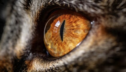 Extreme close-up of a cat's eye with vertical pupil and golden iris surrounded by brown and black fur © Aleksey