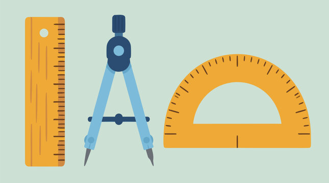 Neatly arranged wooden ruler, compass and protractor vector illustration in soft schoolroom colors, ideal for geometry, math education, classroom posters, stationery and back to school designs