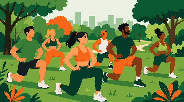 Diverse group doing synchronized lunges during an energetic fitness boot camp in a green city park, athletic wear, teamwork, motivation, community class and healthy outdoor workout vector illustration