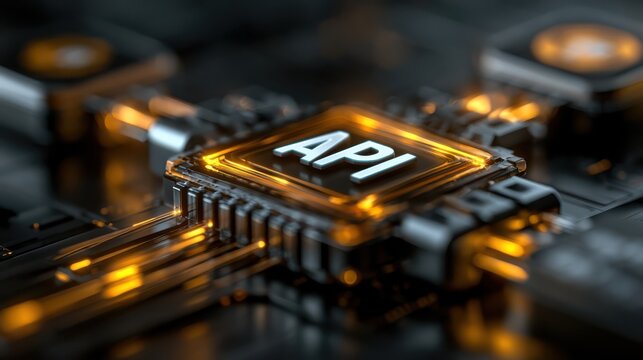 A close-up of a glowing microchip labeled "API" on a futuristic circuit board with warm orange lighting.