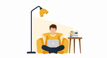 Fototapeta premium Man Working on Laptop in Armchair Vector Illustration, Remote Work and Freelance Concept with Floor Lamp and Books, Male Student Studying at Home