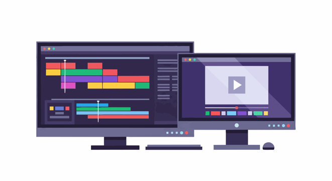 Flat Vector Illustration of a Dual Monitor Video Editing Workstation with Timeline and Preview Player on White Background