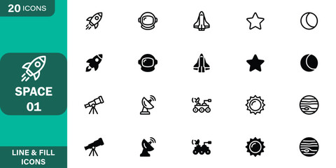 Outer space and astronomy line and fill icon set.  including rocket ship, astronaut helmet, space shuttle, star, moon phase, telescope, radar dish, Mars rover, sun, and Jupiter planet illustration. © emon17201
