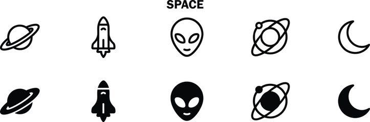 Outer space line and fill icon set. including ringed planet Saturn, rocket ship, extraterrestrial alien head, orbit planet system, and crescent moon symbols vector illustration. © emon17201