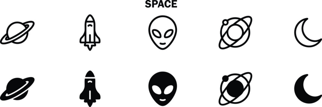 Outer space line and fill icon set. including ringed planet Saturn, rocket ship, extraterrestrial alien head, orbit planet system, and crescent moon symbols vector illustration.