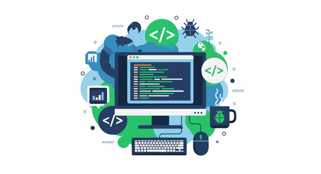 Software Development and Web Programming Concept Illustration with Computer Monitor, Coding Icons, Bug Tracking, and Data Visualization