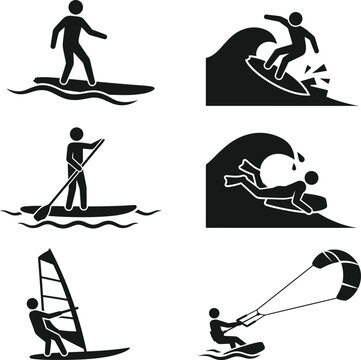 Various water sports activity icons including surfing paddleboarding windsurfing and bodyboarding silhouettes set on isolated checkerboard background for design.