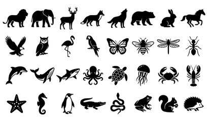 Obraz premium Black Animal Bird Insect and Sea Creature Silhouette Vector Icon Collection
