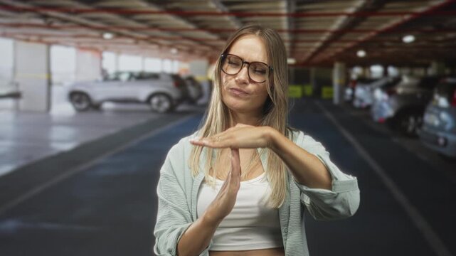 Woman with glasses and crop top makes time out t gesture with hands showing palm and ring in a parking building with parked cars; boundary confidence.