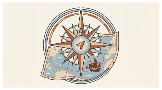 Compass Navigation and Sailboat Logo Vector for Columbus Day Maritime Celebration