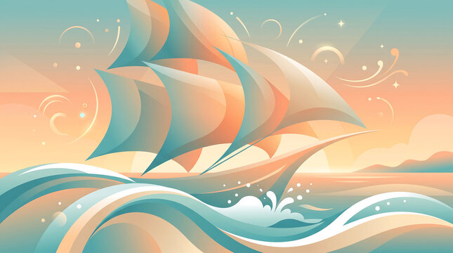 Abstract Sailing Ship on Ocean at Sunset Columbus Day Vector Illustration