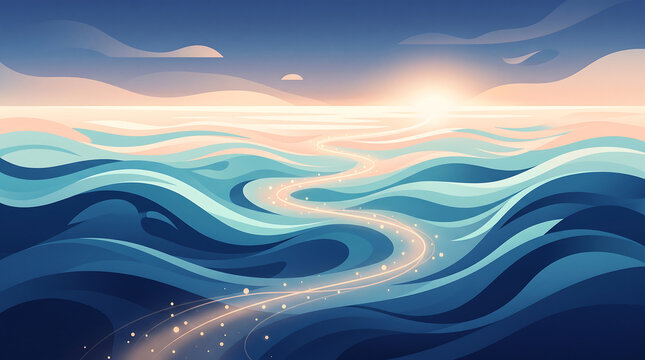 Abstract Ocean Journey at Sunrise with Glowing Navigation Path for Columbus Day