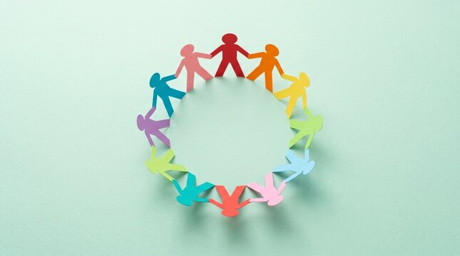 Colorful paper chain people forming a circle in a symbol of unity and community against a light green background