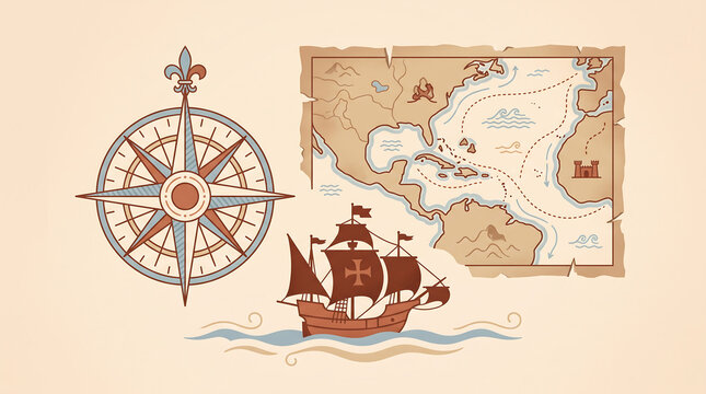 Columbus Day Vintage Navigation Set with Compass, Map and Historic Sailing Ship
