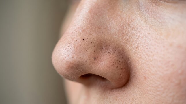 Closeup of a human nose with visible blackheads and enlarged pores