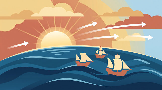 Historic Sailing Ships Exploring New Horizons for Columbus Day Vector Illustration