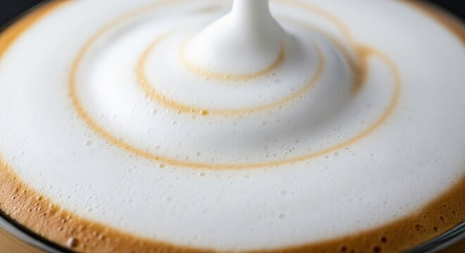 A macro shot showcasing the creamy and thick texture of white milk foam on top of a latte coffee, highlighting tiny bubbles and rich froth, morning, beige, smooth