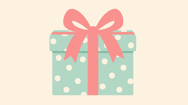 Pastel mint gift box with coral bow and white polka dots on warm cream background, charming flat vector present illustration for birthdays, holidays, celebrations, packaging and greeting cards