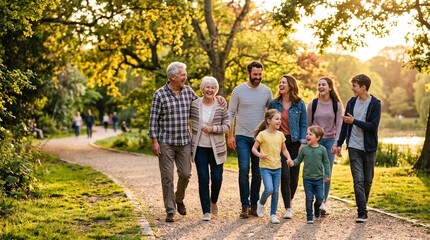 Obraz premium Multi-generational family enjoying a scenic sunset walk together on a serene park trail surrounded by beautiful lush autumn trees