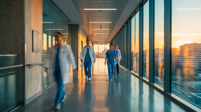 Healthcare Team Walking Through Modern Hospital Corridor at Sunset