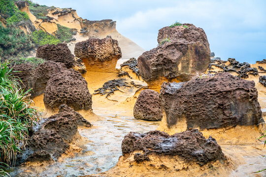 Scenic close-up view of hoodoo stones rock formation in Yehliu geopark in New Taipei Taiwan