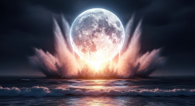 A massive glowing lunar orb crashes into a dark turbulent ocean, creating massive splashes and rising steam in a dramatic apocalyptic scene, cinematic, orbit, heavy