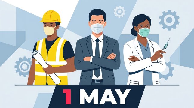 Labor day illustration essential workers honored with protective gear