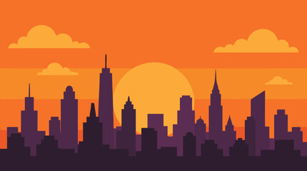 Fototapeta premium Minimal city skyline silhouette at sunset with warm orange gradient sky, glowing sun, layered skyscrapers and soft clouds, clean urban vector illustration for real estate and travel design projects