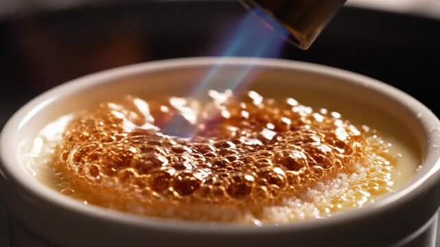 Chef Using a Culinary Torch to Caramelize Sugar on Top of Creme Brulee
