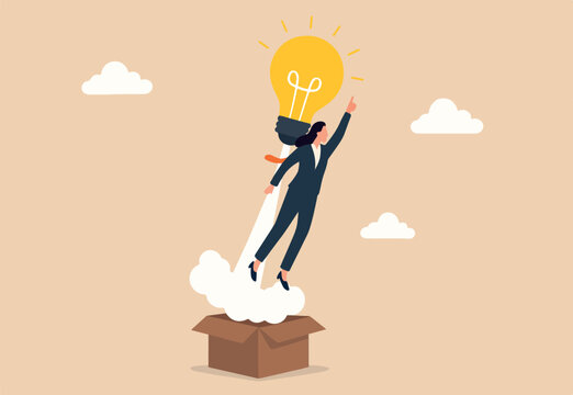 Idea, creativity or think outside the box, solution or think difference, wisdom or imagination to success concept, smart businesswoman with lightbulb idea as rocket booster flying from open box